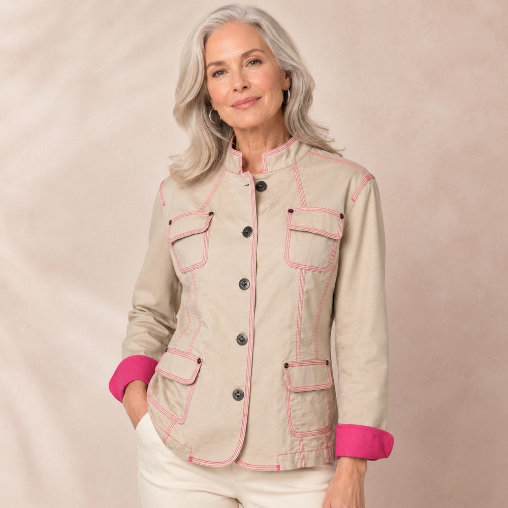 Chico's Additions Utility Jacket Women Size 1 Medium Tan Pink Contrast Stitch